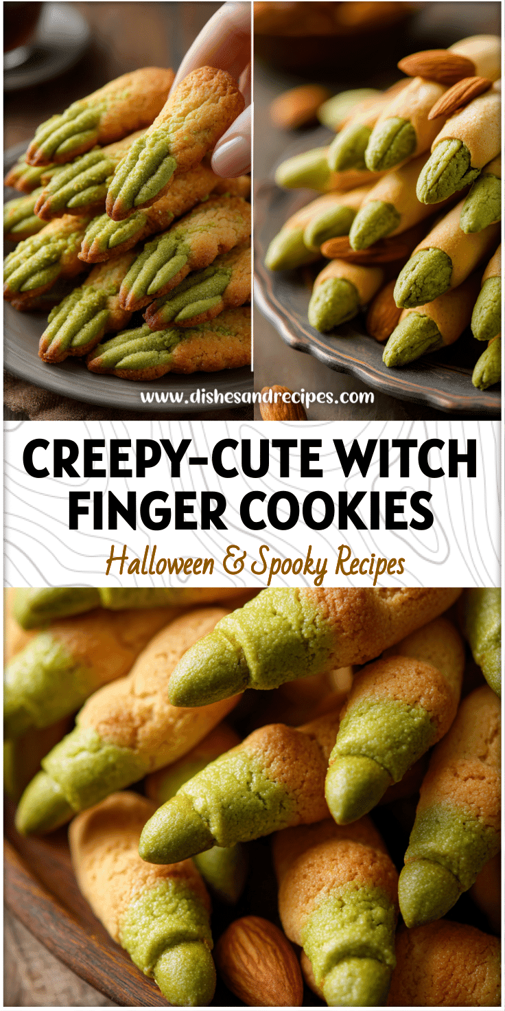 Plate of Spooky Witch Finger Cookies shaped like Halloween Fingers with almond nails and green shortbread dough.